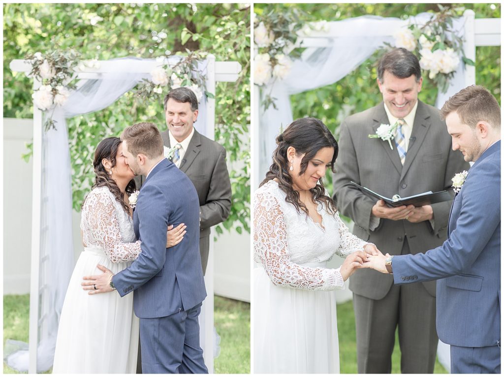 Bride and Groom share romantic first kiss during their intimate wedding ceremony captured by NJ Wedding Photographer Diana and Korey Photo and Film