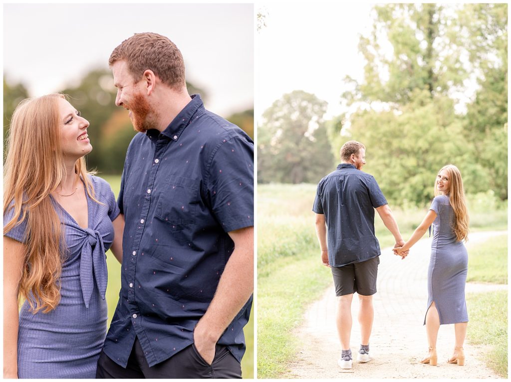Joyful bride and groom to be walk through park during their engagement photos