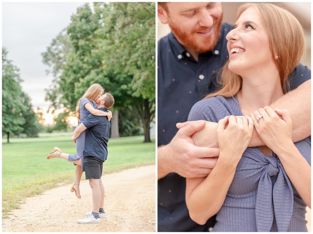 Engaged couple explores Monmouth County Park, Thompson Park during their engagement session photographed by Diana and Korey Photo and Film