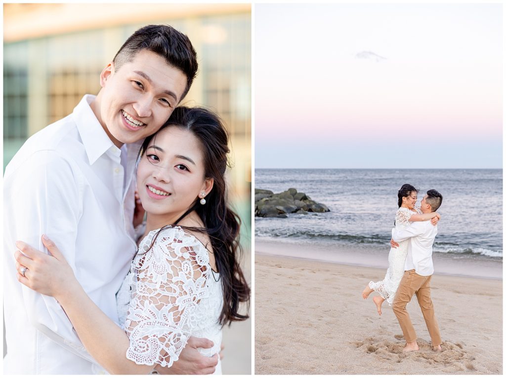 Happy couple poses walks along the boardwalk and beach in Asbury Park for their engagement photos