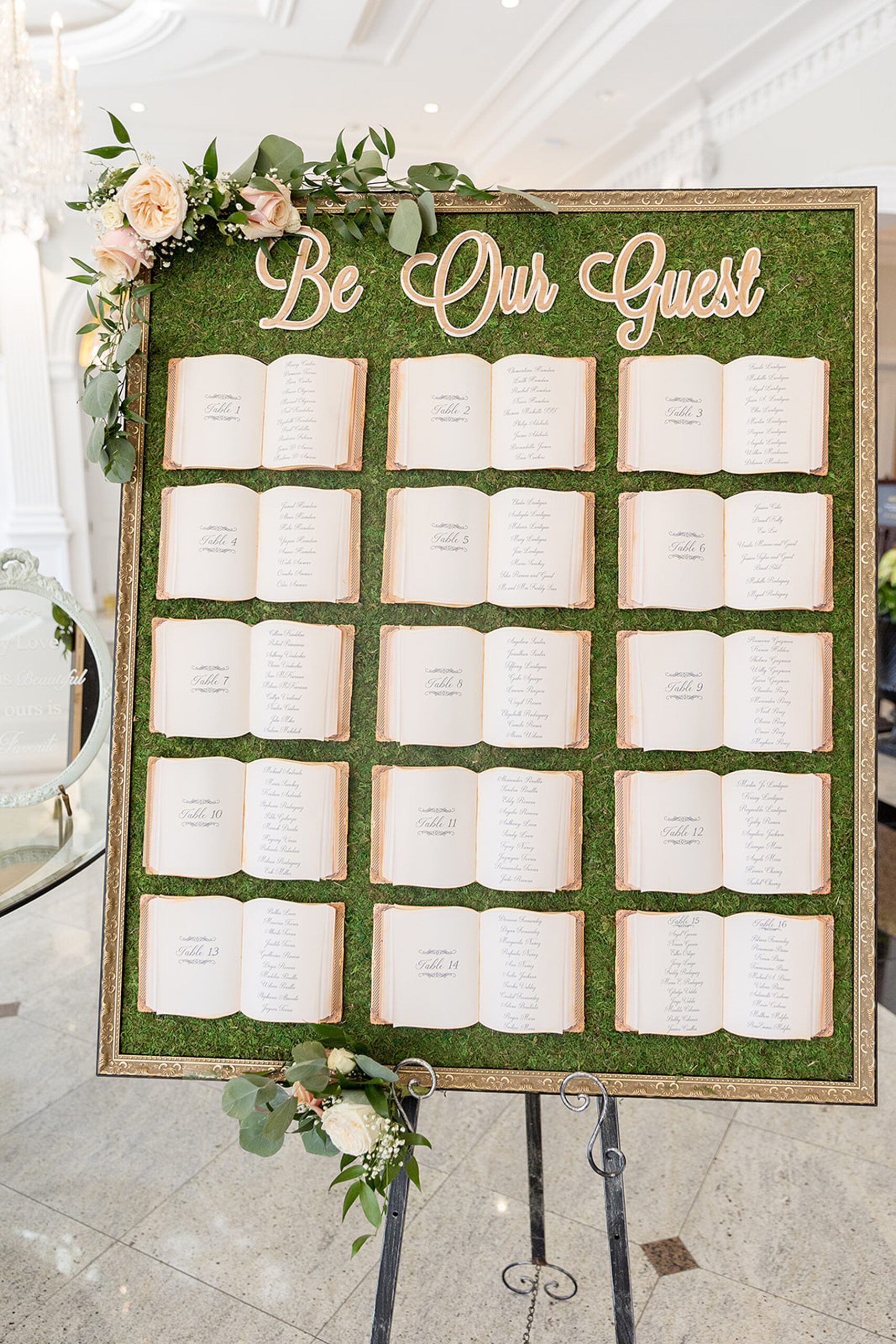 Details of a guest seating chart for a wedding reception with books for each table