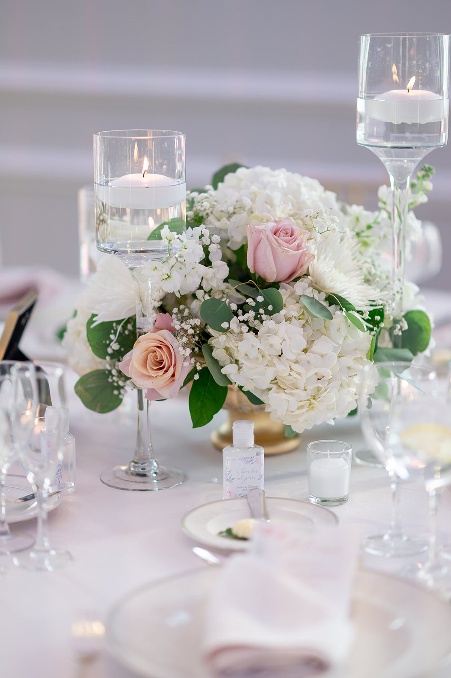 Details of a floral centerpiece at a wedding reception