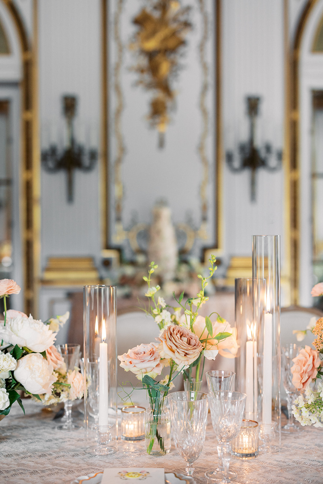 Details of a luxury wedding table reception with pink roses at the Elkins Estate