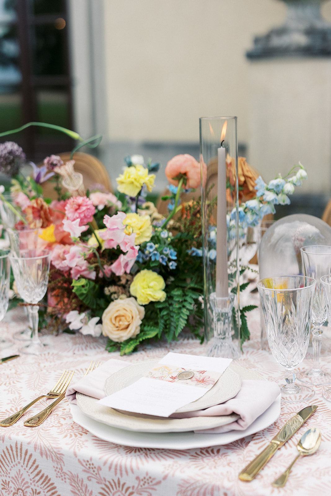 Details of a wedding reception table set up outside