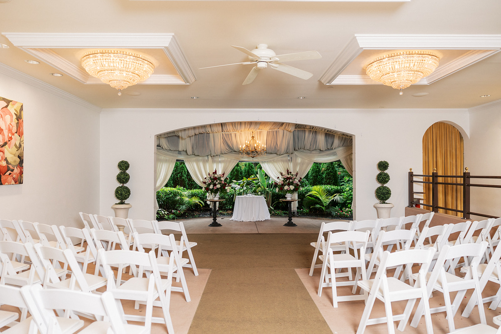 Details of a Lambertville Station Wedding ceremony set up with white chairs